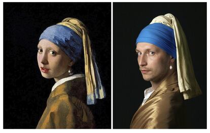 A la izquierda, una copia de 'La chica de la perla', del pintor Vermeer, y a la derecha la recreación de Vitaly Fonarev tomada el pasado 9 de abril en Haifa (Israel) para el grupo de Facebook Izoizolyacia.