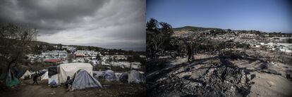 Panorámica de Moria antes del incendio y después de que las llamas arrasaran el hogar insalubre donde han vivido miles de personas que huían de la guerra y del hambre y que ahora esperan salir de esta cárcel en la que se ha convertido Lesbos.