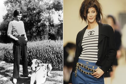La camiseta marinera

En una de sus fotos más recordadas (tomada en su casa de la riviera francesa Villa La Pausa, en 1930), Coco Chanel lució una de sus prendas más icónicas. Consiguió que se convirtiera en un básico de la maleta de veraneo femenina más elgante y chic.

La legislación de la armada naviera era estricta: las rayas azules debían medir un centímetro y las blancas, el doble. Karl Lagerfeld la recuperó en los noventa (en la foto, Christy Turlington) y le estampó la doble "C" convirtiéndola en un básico.