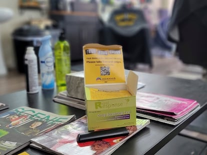 Fentanyl test strips sit atop magazines in the waiting area of Urban Kutz Barbershop in Cleveland, Ohio, on April 11, 2023.