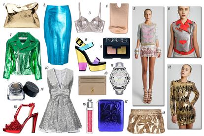 1. 3.1 Phillip Lim Clutch dorado. 2. Asos Falda lápiz de piel turquesa. 3. Bershka Cropped top plateado. 4. Emilio Pucci Funda para iPhone en oro rosa. 5, 6 y 12. María Escoté. 7. Dsquared2 Perfecto de piel verde. 8. Giuseppe Zanotti Sandalia tricolor con plataforma y maxi tacón. 9. NARS Dúo de sombras. 10. Topshop Vestido de vuelo de paillettes plateadas con lazo en la cintura. 11. Karl Lagerfeld Reloj con correa acolchada. 13. Alexander McQueen Tarjetero de piel cobre con calavera. 14. Bobbi Brown Sombra en crema. 15. Moschino Sandalia con pedrería. 16. Dior Gloss “Addict”. 17. McQ by Alexander McQueen Funda para iPad en azul eléctrico. 18. Golden Goose Shorts dorados de estilo deportivo.