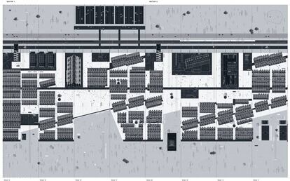 Sector 1 y 2 del asentamiento propuesto. Cada sector tiene una longitud de 384 metros por 292 de ancho, contando carretera y vía de tren. EXTN está formado por cuatro sectores, un total de 1536 metros. Dibujo Perspectiva Egipcia.