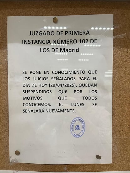 Juzgado de Primera Instancia 102 de Madrid, nota tras el apagón de luz del 28 de abril.