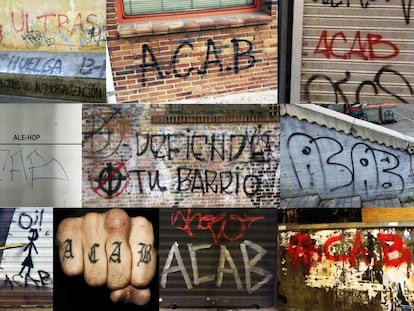 Fotograf&iacute;as de grafitis en Madrid, Zaragoza, Bilbao y Granada, con las siglas ACAB (All Cops Are Bastards).