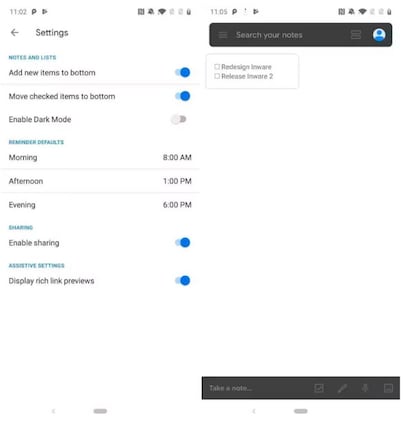El modo oscuro parcial de Google Keep