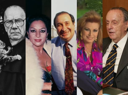 De izquierda a derecha, Camilo José Cela, Lola Flores, Jesús Gil, Rocío Jurado y Manuel Fraga.