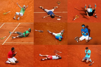 Nadal, celebrando cada uno de sus t&iacute;tulos en Roland Garros.