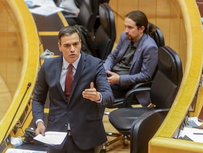 El presidente del Gobierno, Pedro Sánchez, en su intervención junto al vicepresidente segundo, Pablo Iglesias, durante una sesión de control en el Senado en junio.