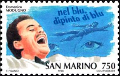 Un sello postal dedicado a Domenico Modugno, creador de la canción 'Volare'.