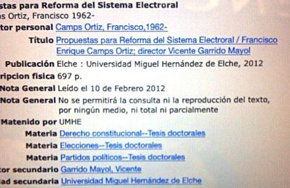 Texto que figura sobre la tesis de Francisco Camps en la base de datos de la Universidad Miguel Hernández de Elche.