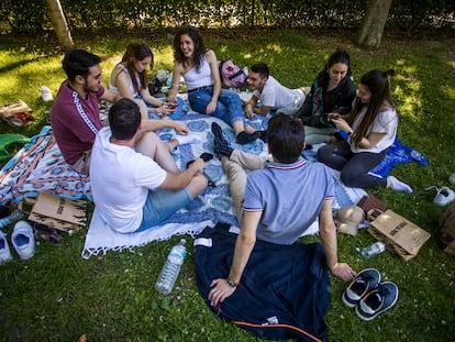 Jóvenes en el Parque del Retiro, en Madrid.
