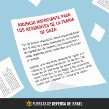 Copia de los panfletos distribuidos hoy en Gaza según la cuenta oficial del ejército.