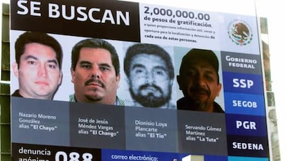 A wanted poster for four drug lords in Michoacán. Nazario Moreno is the first man on the left.