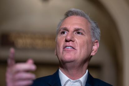 Speaker of the House Kevin McCarthy talks to reporters at the Capitol in Washington, on May 28, 2023.