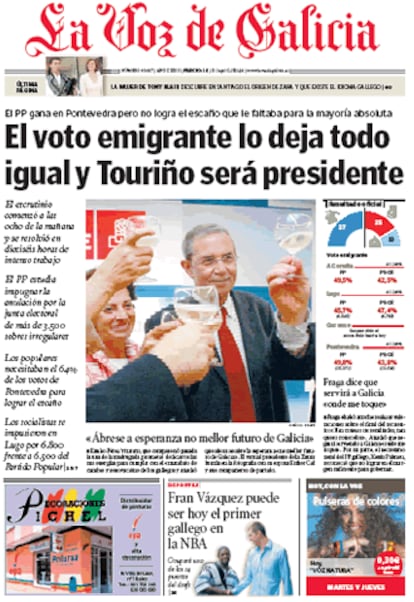 <i>La Voz de Galicia</i> destaca las declaraciones de Fraga tras concocer el resultado en las que afirmó que seguirá sirviendo "onde me toque". Uno de sus columnistas habituales, Xosé Luis Barreiro Rivas, señala que "ahora es imprescindible que el PP renuncie a marear la perdiz, a mantener recursos inútiles, y a intentar deslegitimar una victoria de la izquierda que, si fue exigua y tristona en la noche electoral, se ha convertido en brillante y significativa en los escrutinios del CERA". Afirma que "PSOE y BNG tienen en sus manos un reto de enormes proporciones. Su victoria, ya indudable, parece encaminada a provocar reformas estructurales que van mucho más allá de un simple cambio en la nomenclatura de la Xunta.