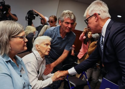 Los Angeles attorney general George Gascón greets Joan Andersen Vandermolen, Kitty Menendez’s sister and aunt of Lyle and Erik, at a press conference on October 24, 2024.