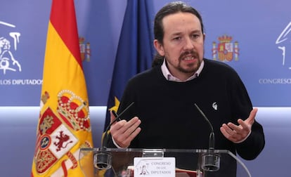 Pablo Iglesias, en una rueda de prensa celebrada en el Congreso en diciembre de 2019.