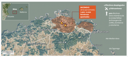 Un incendio en el norte de Ibiza quema 1.500 hectáreas pero no causa daños personales. Localizado cerca de las poblaciones de Sant Joan de Labritja, Portinatx y Cala de Sant Vicent.