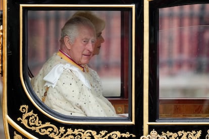 King Charles III and Camilla, the queen consort, in the carriage prior to his coronation, May 6, 2023 in London.