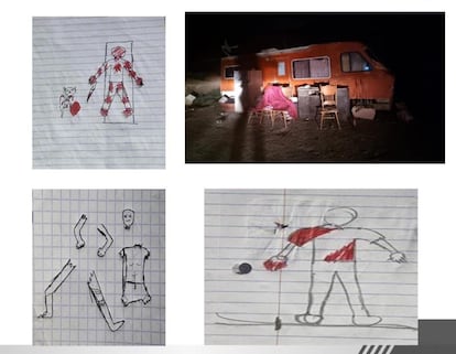 Dibujos realizados por el presunto feminicida de Keila y una fotografía de la casa rodante donde el joven residía con sus padres.