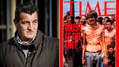 A la izquierda, Fikret Alic, en 2017 durante el juicio a Ratko Mladic en La Haya; a la derecha, la portada de la revista 'Time' de 1992 en la que aparece. / EFE