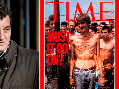 A la izquierda, Fikret Alic, en 2017 durante el juicio a Ratko Mladic en La Haya; a la derecha, la portada de la revista 'Time' de 1992 en la que aparece. / EFE