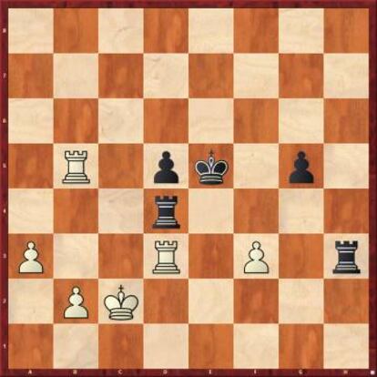 En esta posición frente a Aronián, Carlsen no vio que ganaba con 43 f4+