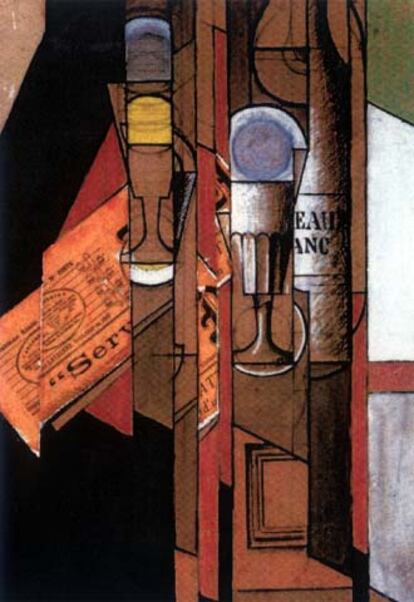 <i>Vasos, diario y botella de vino</i> (1913) de Juan Gris.