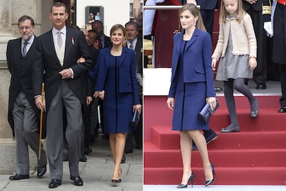 La reina ha llevado en un par de ocasiones el vestido azul marino en doble crêpe adornado con una cinta de terciopelo azul con chaqueta a juego de Felipe Varela. La primera, para el Desfile Militar de la Fiesta Nacional del 12 de octubre. La segunda, para acudir al Premio Cervantes de 2016.