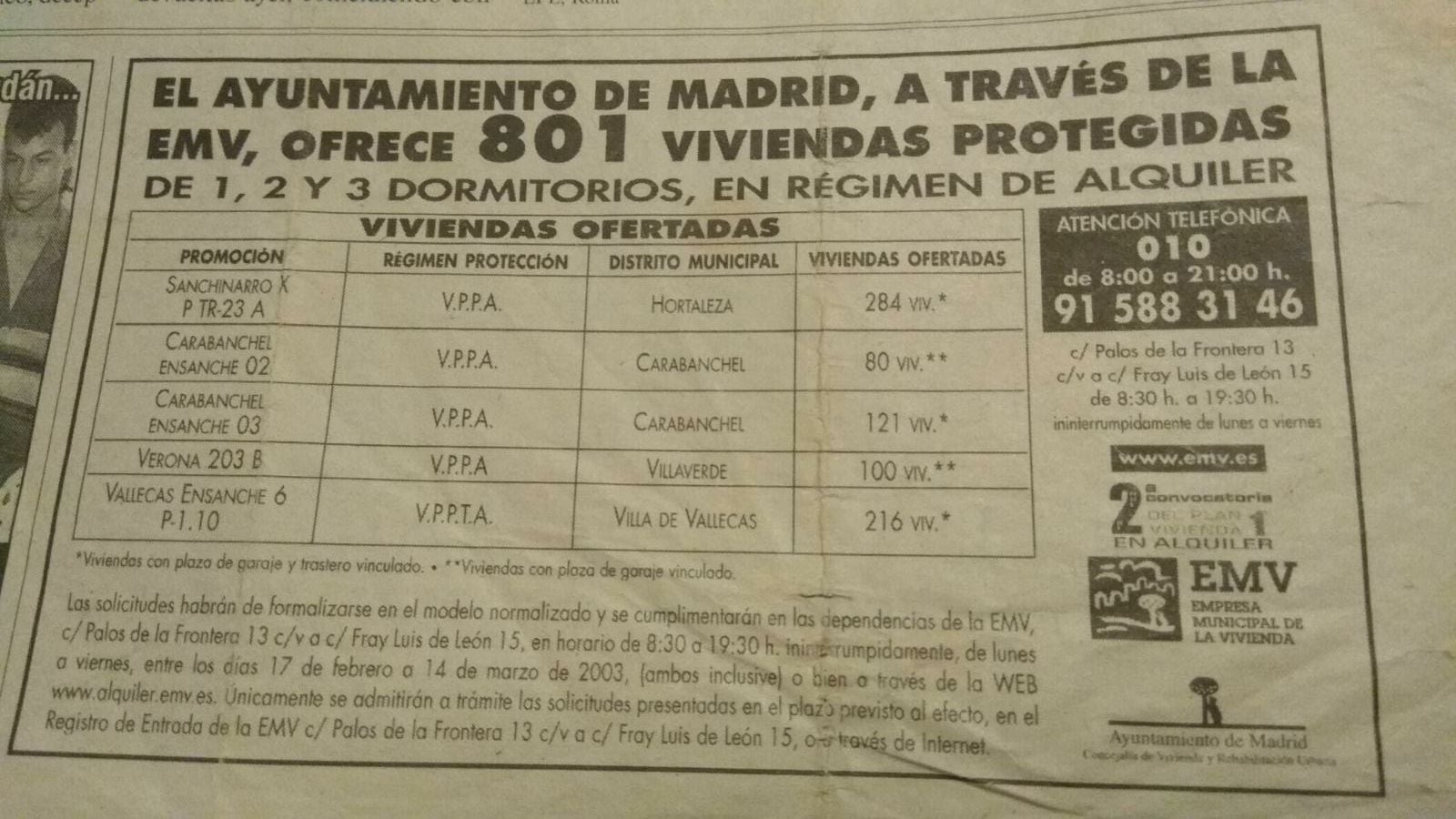 Anuncio de un periódico en el que aparece la promoción Sanchinarro X de la Empresa Municipal de Vivienda de Madrid.