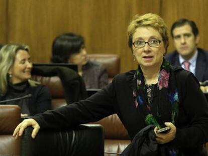 Camen Mart&iacute;nez Aguayo, en su esca&ntilde;o en el Parlamento. Detr&aacute;s, la diputada del PP Carolina Fern&aacute;ndez Vigo.