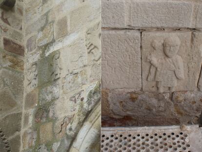 Detalle del relieve 'Herrero, la inscripción y san Pedro' antes de la restauración y después, a falta de rejuntar.