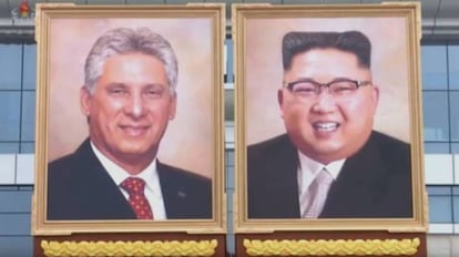 Los retratos de Miguel Díaz-Canel y Kim Jong-un, exhibidos el pasado domingo en Pyongyang (Corea del Norte).