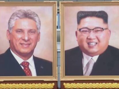 Los retratos de Miguel Díaz-Canel y Kim Jong-un, exhibidos el pasado domingo en Pyongyang (Corea del Norte).