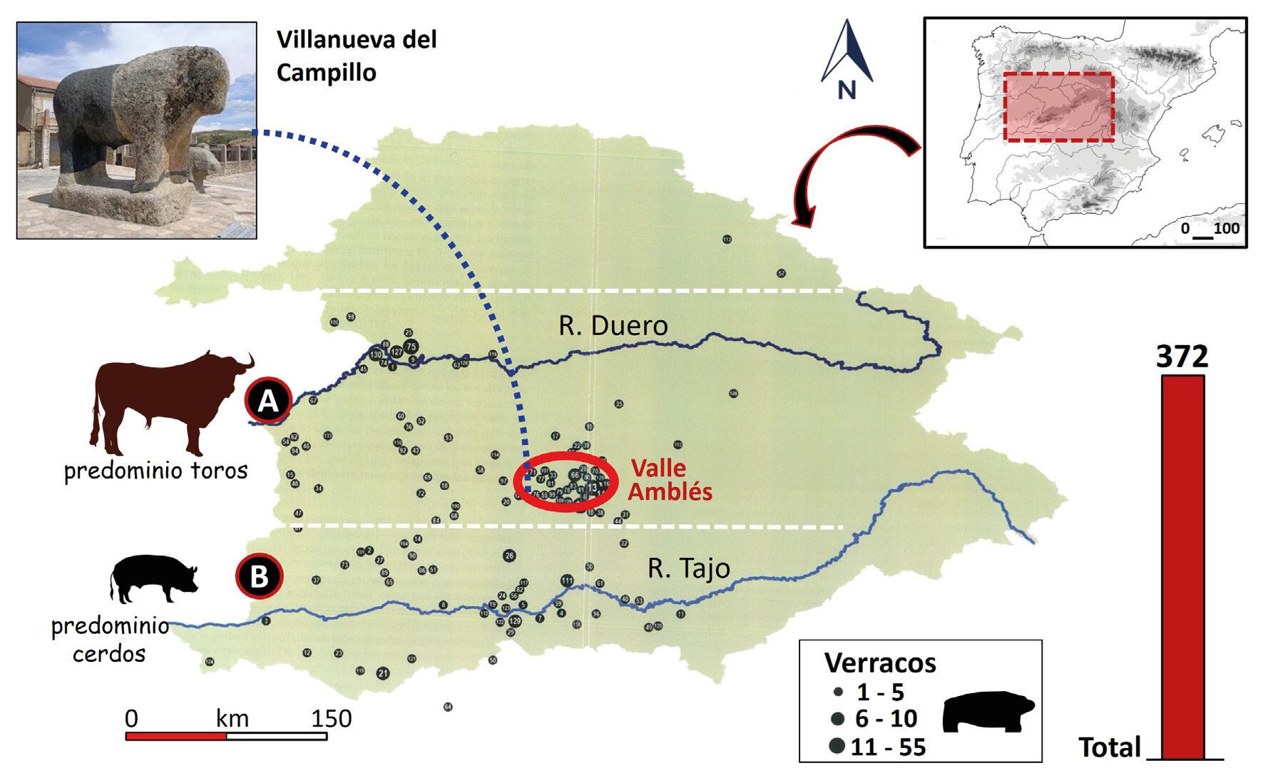 Mapa del occidente de la Meseta con la distribución de los verracos, la posición central del Valle Amblés y el toro de Villanueva del Campillo.