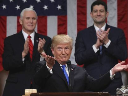 El presidente de EE UU, Donald Trump, durante su discurso sobre el estado de la Unión, junto al vicepresidente Mike Pence y al presidente de la Cámara de Representantes, Paul Ryan, el pasado 30 de enero en Washington.