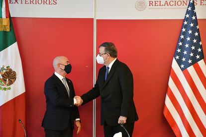 El canciller Marcelo Ebrard y el secretario de Seguridad Nacional de Estados Unidos, Alejandro Mayorkas