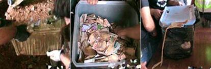 Agentes de policía desentierran y examinan una de las cajas de plástico con dinero en efectivo.