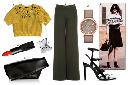 1. H&M Jersey de manga corta con aplicaciones de pedrera. 2. Bimba y Lola Pantaln de pata ancha de punto. 3. Marc Jacobs by Marc Jacobs Reloj con correa de cuero. 4. Mango. 5. NARS Barra de labios 'Audacious'. 6. Aristocrazy Anillo de plata. 7. Jil Sander Cartera de piel. 8. Zara Sandalias de tiras de piel.