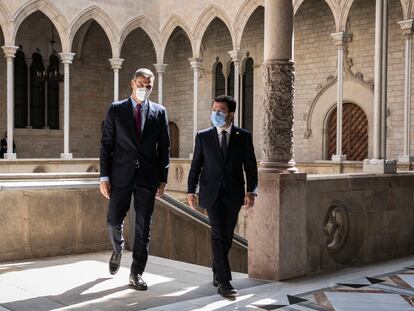 Primera reunión de la mesa de dialogo. Pedro Sanchez y Pere Aragones en el Palau de la Generalitat.