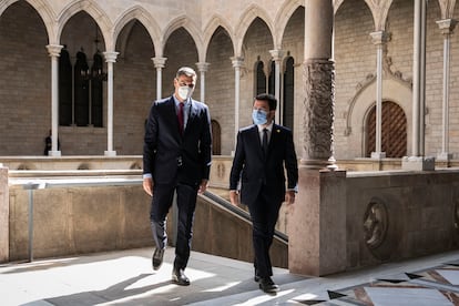 Pedro Sánchez y Pere Aragonès en el Palau de la Generalitat.