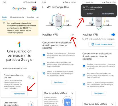 Activa la VPN de Google One.