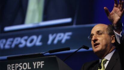 El presidente de Repsol-YPF, Antonio Brufau, durante la presentación de los resultados de la petrolera.
