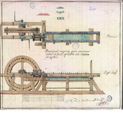 Dibujo de mayo de 1809  de una máquina para barrenar cañones de fusil.