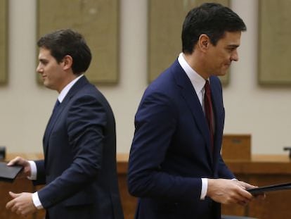 Albert Rivera y Pedro S&aacute;nchez, en la firma del acuerdo entre Ciudadanos y PSOE