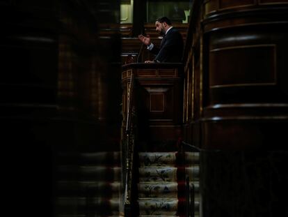 El líder de Vox, Santiago Abascal, este miércoles en el Congreso durante el debate de la moción de censura.