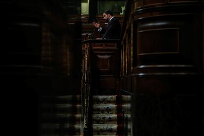 El líder de Vox, Santiago Abascal, este miércoles en el Congreso durante el debate de la moción de censura.