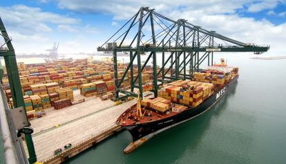 Barco de MSC en plena operación de carga en el puerto de Valencia.