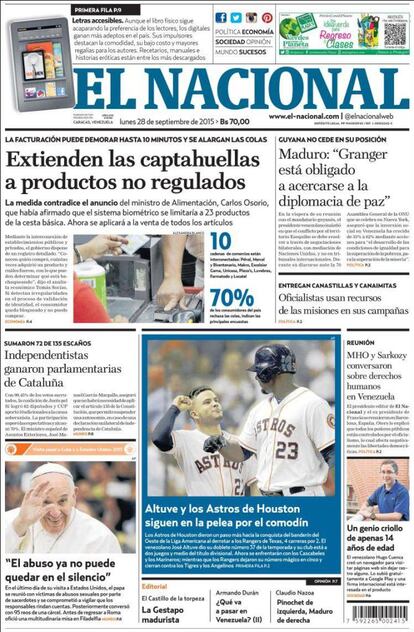 En Venezuela, el diario 'El Nacional' dedica un recuadro de dos columnas en su portada para informar de que "Independentistas ganaron parlamentarios de Cataluña".