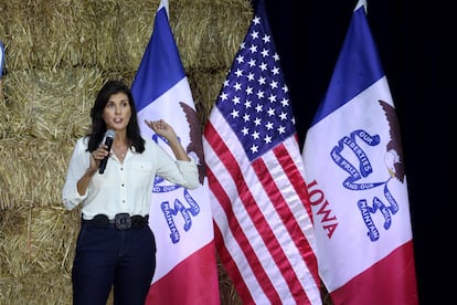 Republican presidential candidate Nikki Haley speaks to guests during the Joni Ernst's Roast and Ride event on June 03, 2023 in Des Moines, Iowa.